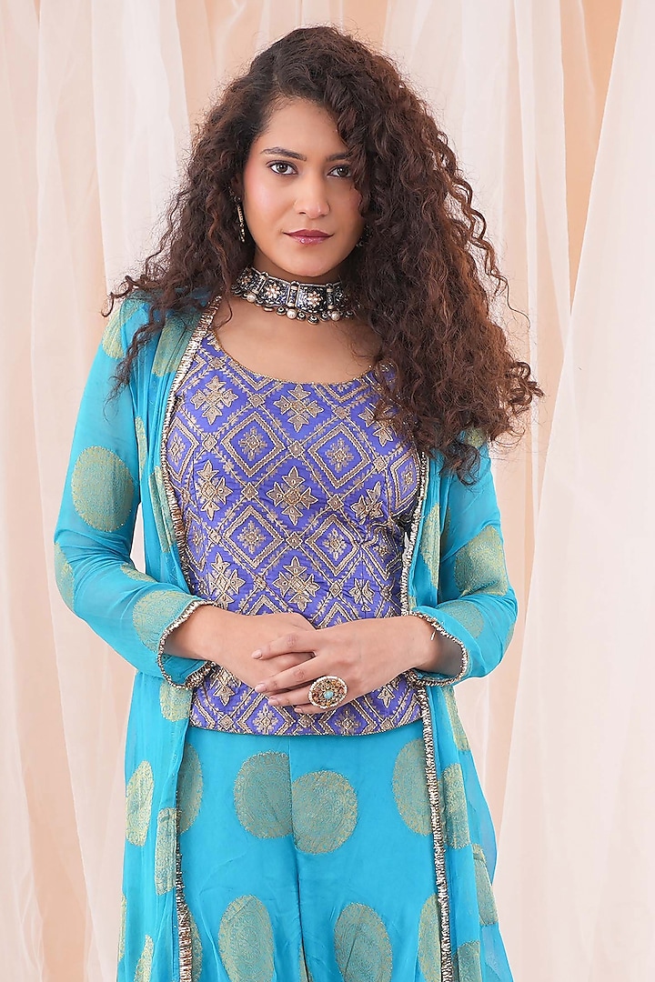 Peacock Blue & Ink Blue Party Wear Sharara Set by Farha Syed at Pernia's Pop Up Shop