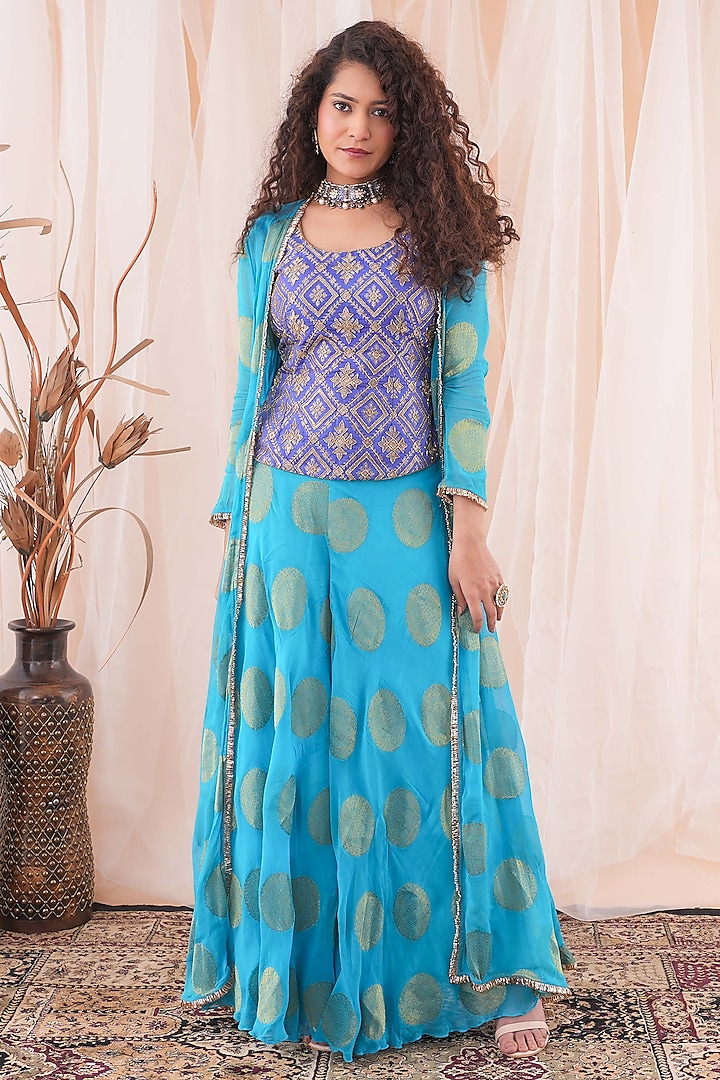 Peacock Blue & Ink Blue Party Wear Sharara Set by Farha Syed at Pernia's Pop Up Shop