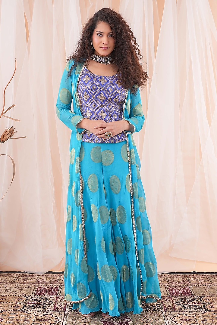 Peacock Blue & Ink Blue Party Wear Sharara Set by Farha Syed at Pernia's Pop Up Shop