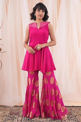 Hot Pink Banarasi Georgette Sharara Set by Farha Syed