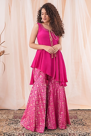 Hot Pink Banarasi Georgette & Crepe Embroidered Sharara Set by Farha Syed