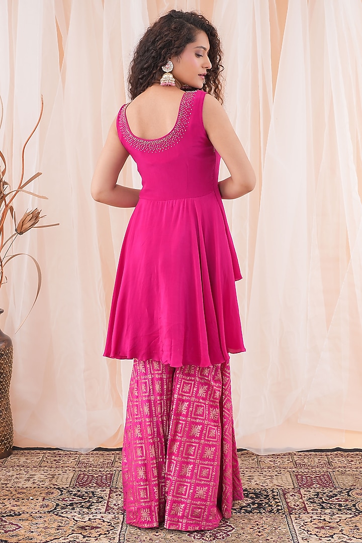 Hot Pink Banarasi Georgette & Crepe Embroidered Party Wear Sharara Set by Farha Syed at Pernia's Pop Up Shop