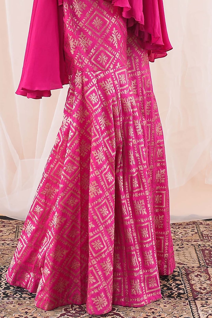 Hot Pink Banarasi Georgette & Crepe Embroidered Party Wear Sharara Set by Farha Syed at Pernia's Pop Up Shop