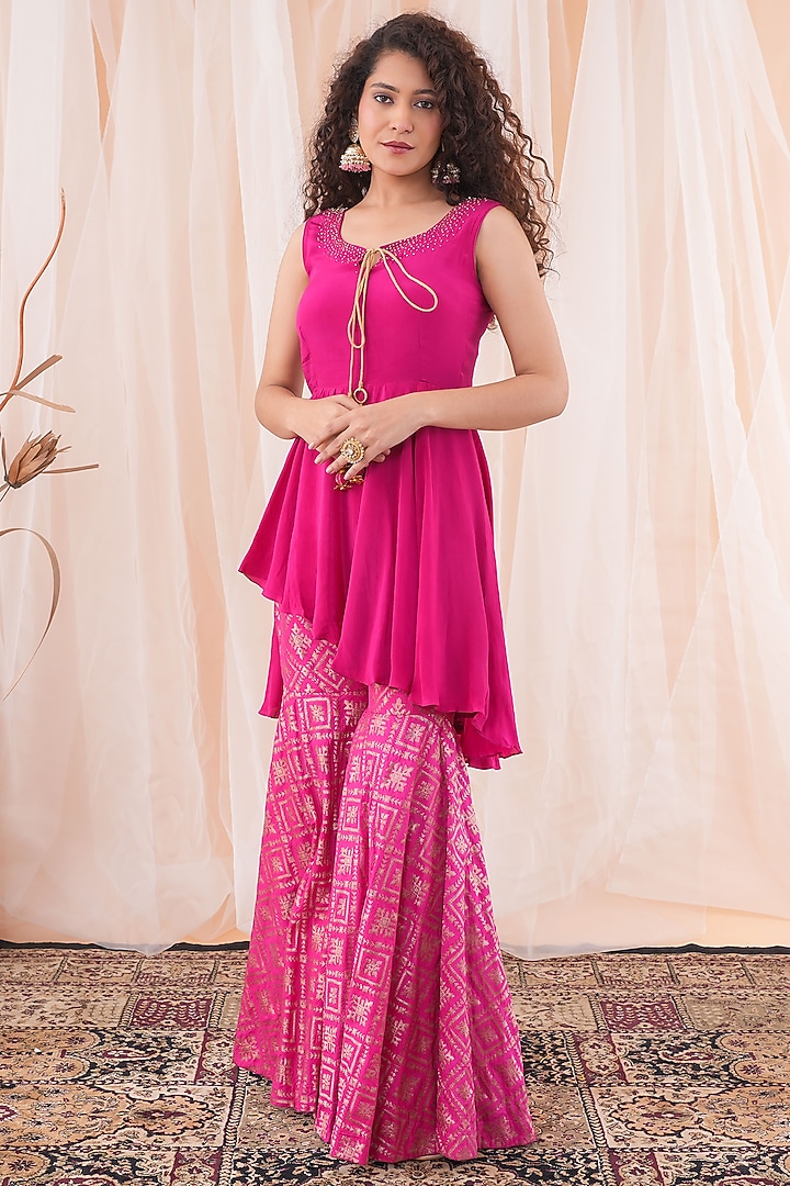 Hot Pink Banarasi Georgette & Crepe Embroidered Party Wear Sharara Set by Farha Syed at Pernia's Pop Up Shop