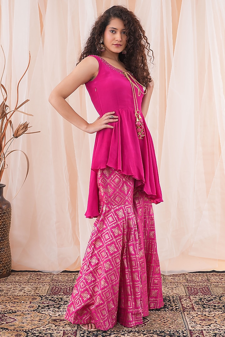 Hot Pink Banarasi Georgette & Crepe Embroidered Party Wear Sharara Set by Farha Syed at Pernia's Pop Up Shop