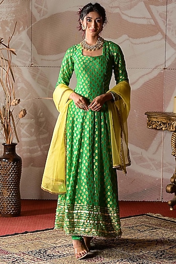 Green & Yellow Banarasi Georgette Embroidered Party Wear Anarkali Set by Farha Syed at Pernia's Pop Up Shop