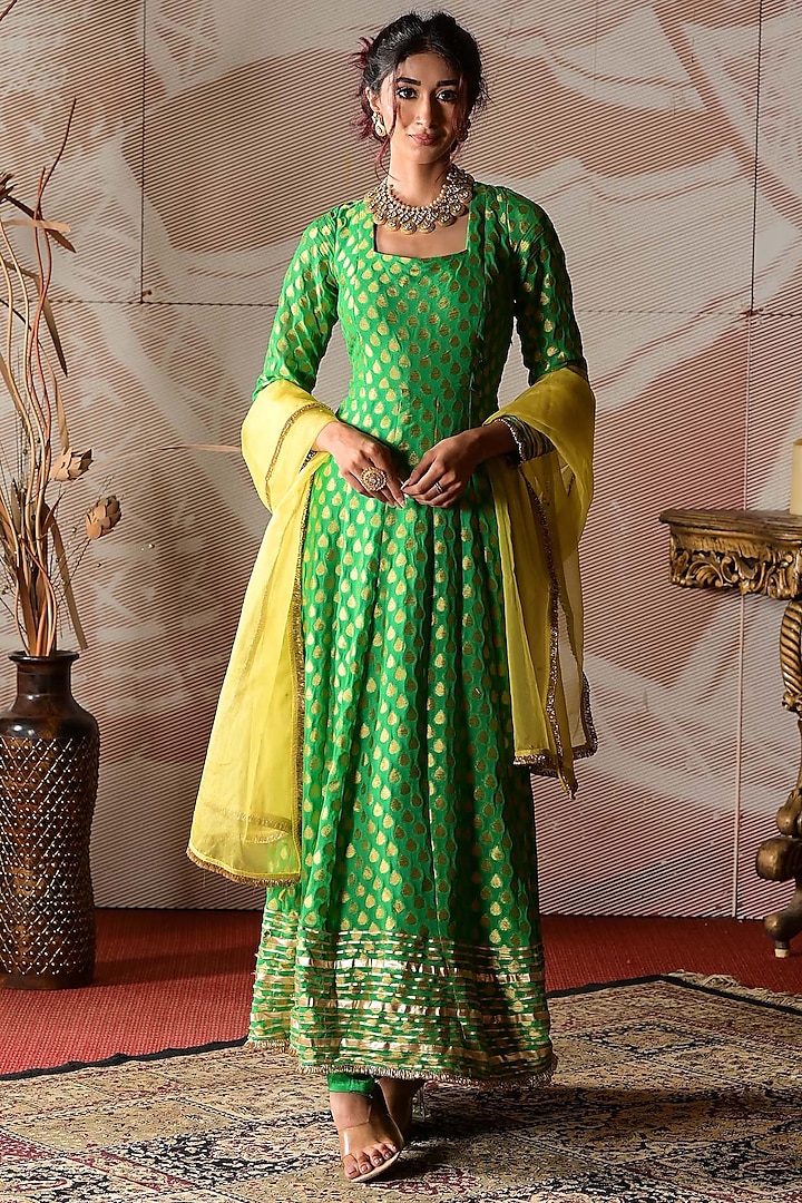 Green & Yellow Banarasi Georgette Embroidered Anarkali Set by Farha Syed