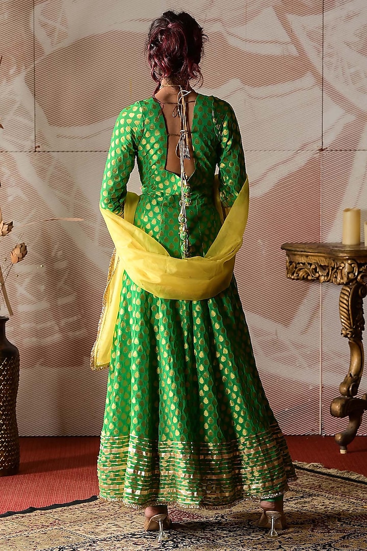 Green & Yellow Banarasi Georgette Embroidered Party Wear Anarkali Set by Farha Syed at Pernia's Pop Up Shop