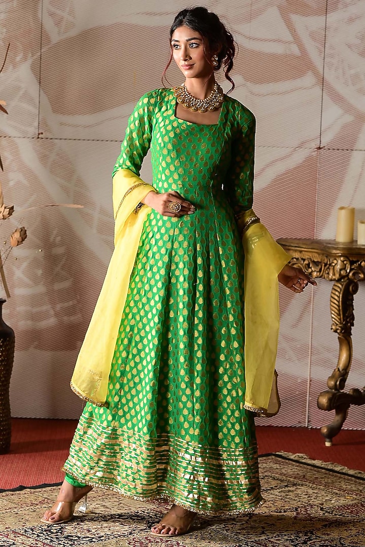 Green & Yellow Banarasi Georgette Embroidered Party Wear Anarkali Set by Farha Syed at Pernia's Pop Up Shop