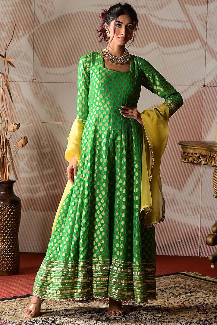 Green & Yellow Banarasi Georgette Embroidered Party Wear Anarkali Set by Farha Syed at Pernia's Pop Up Shop