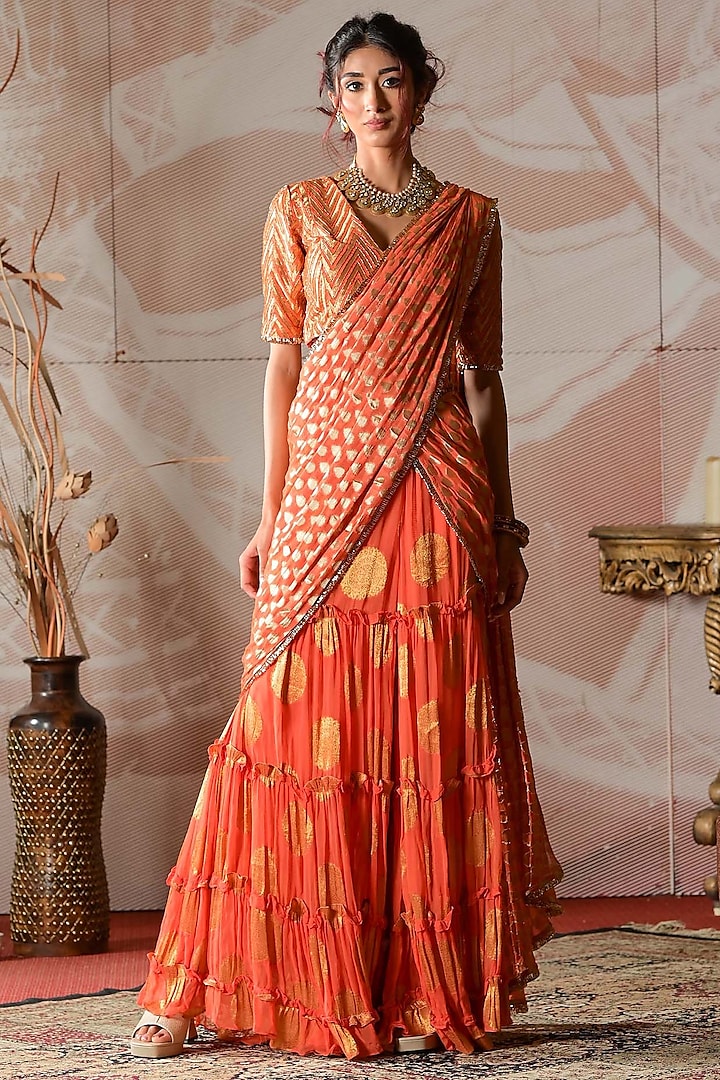 Rust Orange Banarasi Georgette Draped Sharara Saree Set by Farha Syed
