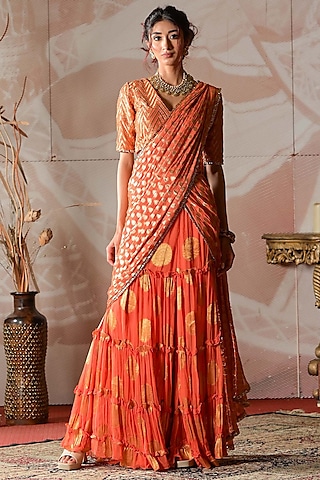 Rust Orange Banarasi Georgette Draped Sharara Saree Set by Farha Syed