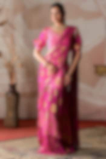 Pink Banarasi Georgette Draped Skirt Saree Set by Farha Syed