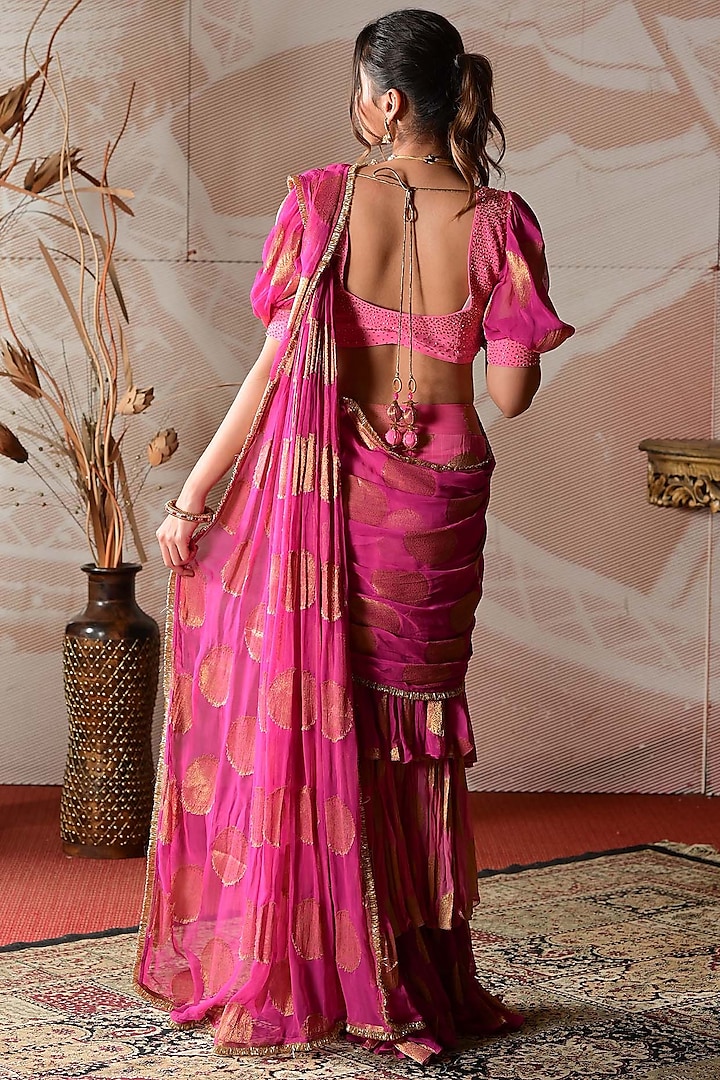 Pink Banarasi Georgette Draped Skirt Wedding Saree Set by Farha Syed at Pernia's Pop Up Shop