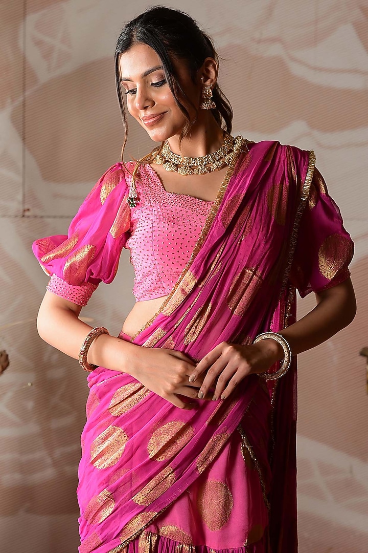 Pink Banarasi Georgette Draped Skirt Wedding Saree Set by Farha Syed at Pernia's Pop Up Shop