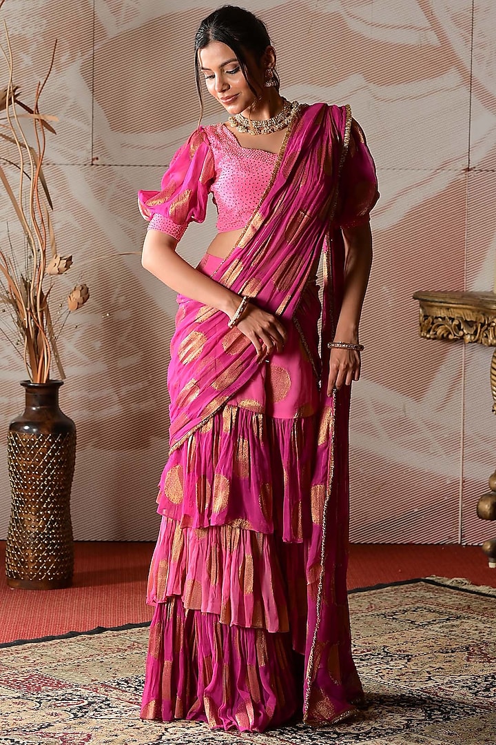 Pink Banarasi Georgette Draped Skirt Wedding Saree Set by Farha Syed at Pernia's Pop Up Shop
