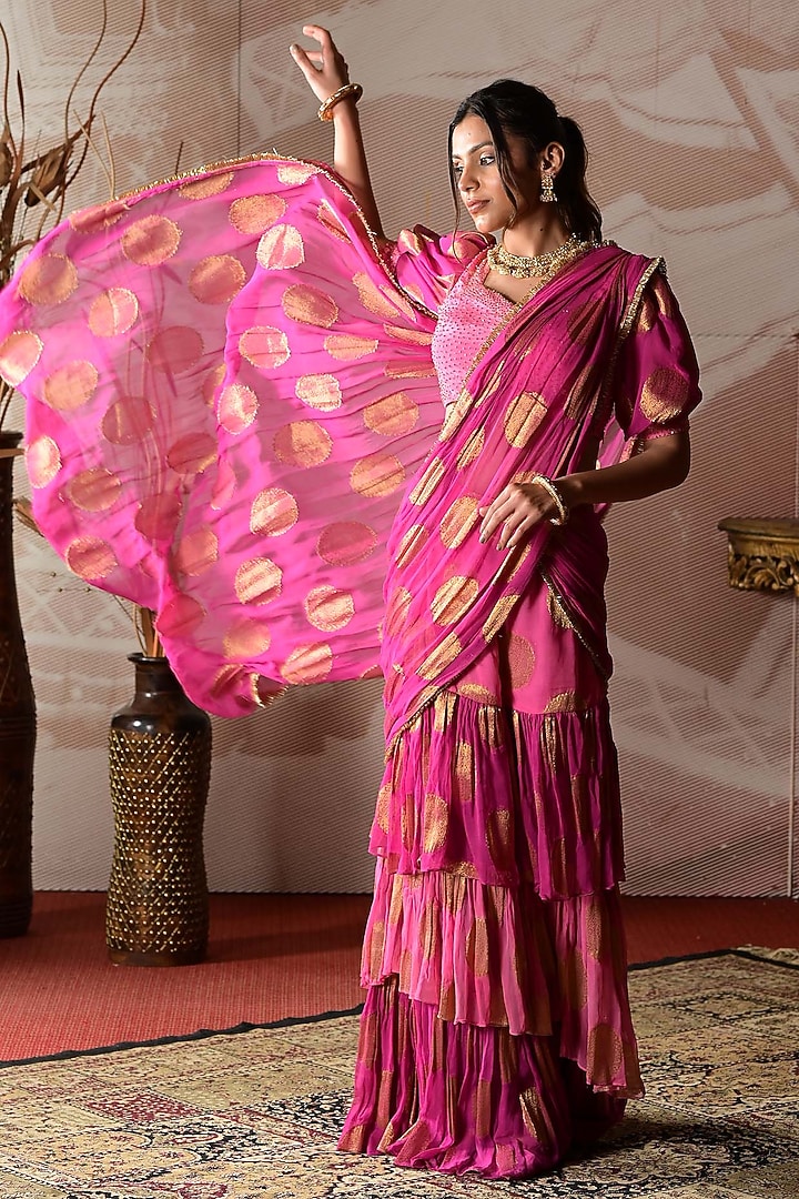 Pink Banarasi Georgette Draped Skirt&nbsp;Wedding Saree&nbsp;Set by Farha Syed at Pernia's Pop Up Shop