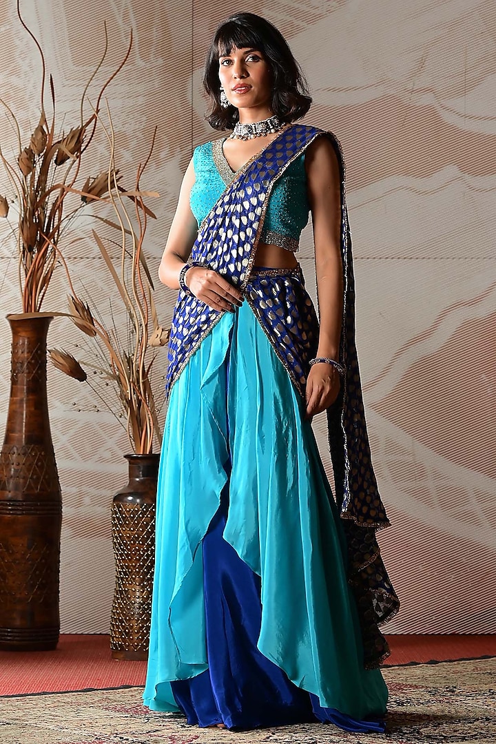 Peacock Blue & Royal Blue Banarasi Georgette Drape Saree Set by Farha Syed