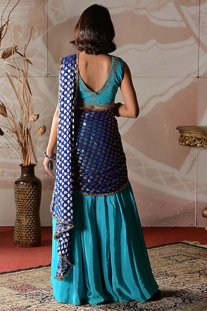 Peacock Blue & Royal Blue Banarasi Georgette Drape Party Wear Saree Set by Farha Syed at Pernia's Pop Up Shop