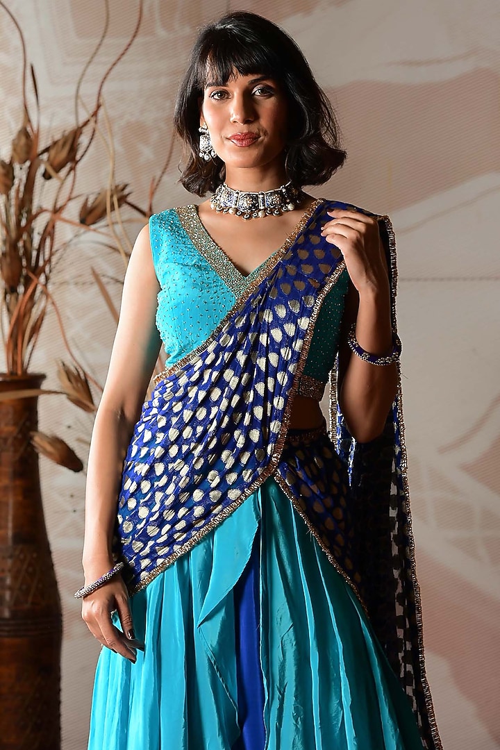 Peacock Blue & Royal Blue Banarasi Georgette Drape Party Wear Saree Set by Farha Syed at Pernia's Pop Up Shop