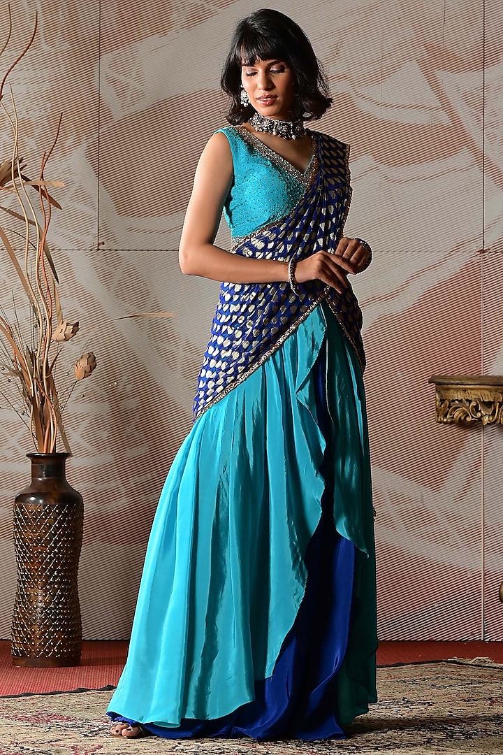 Peacock Blue & Royal Blue Banarasi Georgette Drape Party Wear Saree Set by Farha Syed at Pernia's Pop Up Shop