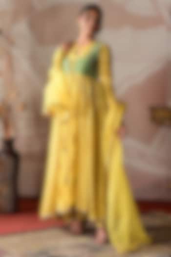 Green & Yellow Banarasi Georgette Flared Anarkali Set by Farha Syed