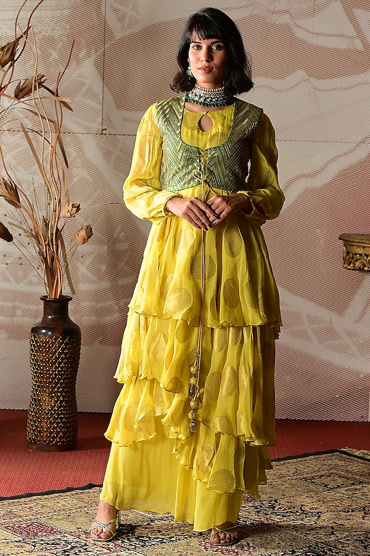 Green & Yellow Banarasi Georgette Embroidered Layered Anarkali Set by Farha Syed