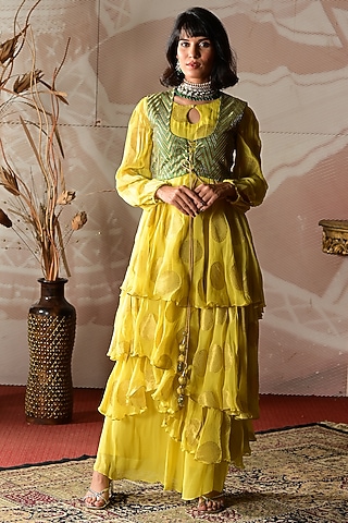 Green & Yellow Banarasi Georgette Embroidered Layered Anarkali Set by Farha Syed