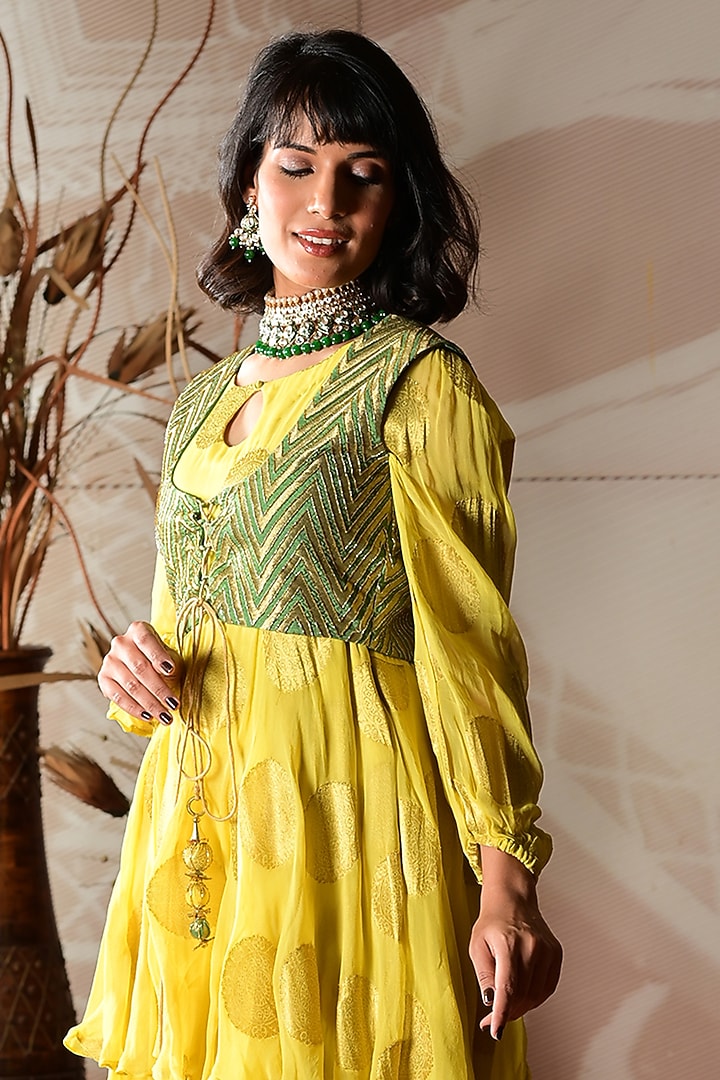 Green & Yellow Banarasi Georgette Embroidered Layered Party Wear Anarkali Set by Farha Syed at Pernia's Pop Up Shop