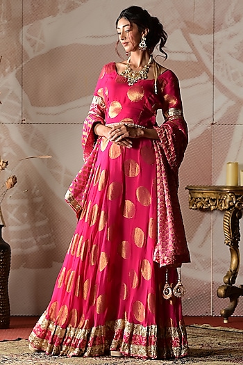 Pink Banarasi Georgette Gota Work Lehenga Set by Farha Syed at Pernia's Pop Up Shop