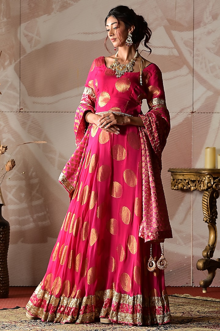 Pink Banarasi Georgette Gota Work Lehenga Set by Farha Syed