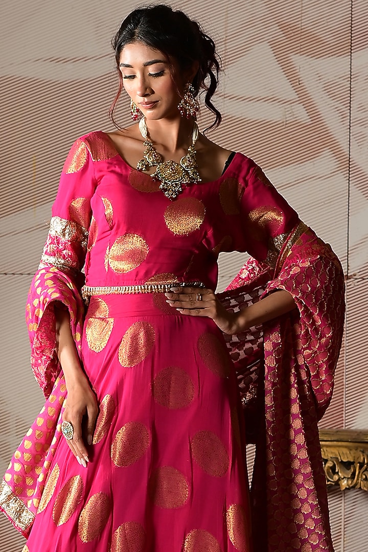 Pink Banarasi Georgette Gota Work Lehenga Set by Farha Syed at Pernia's Pop Up Shop