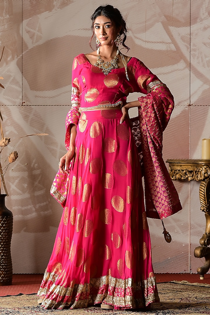 Pink Banarasi Georgette Gota Work Lehenga Set by Farha Syed at Pernia's Pop Up Shop