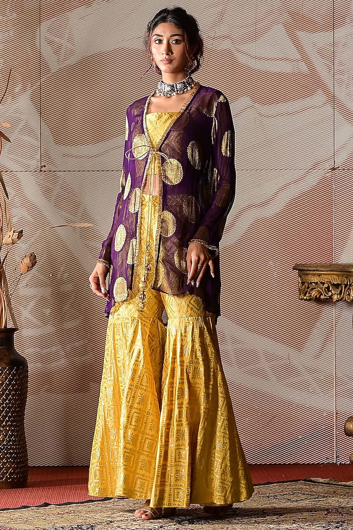Yellow Banarasi Brocade Party Wear Sharara Set by Farha Syed at Pernia's Pop Up Shop