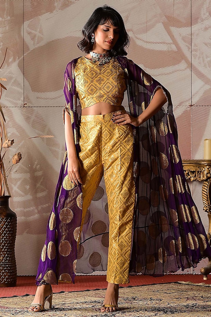 Purple & Yellow Banarasi Georgette Embroidered Kaftan Cape Set by Farha Syed