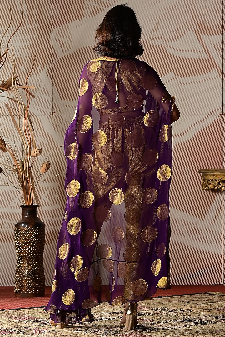 Purple & Yellow Banarasi Georgette Embroidered Kaftan Cape Set by Farha Syed at Pernia's Pop Up Shop