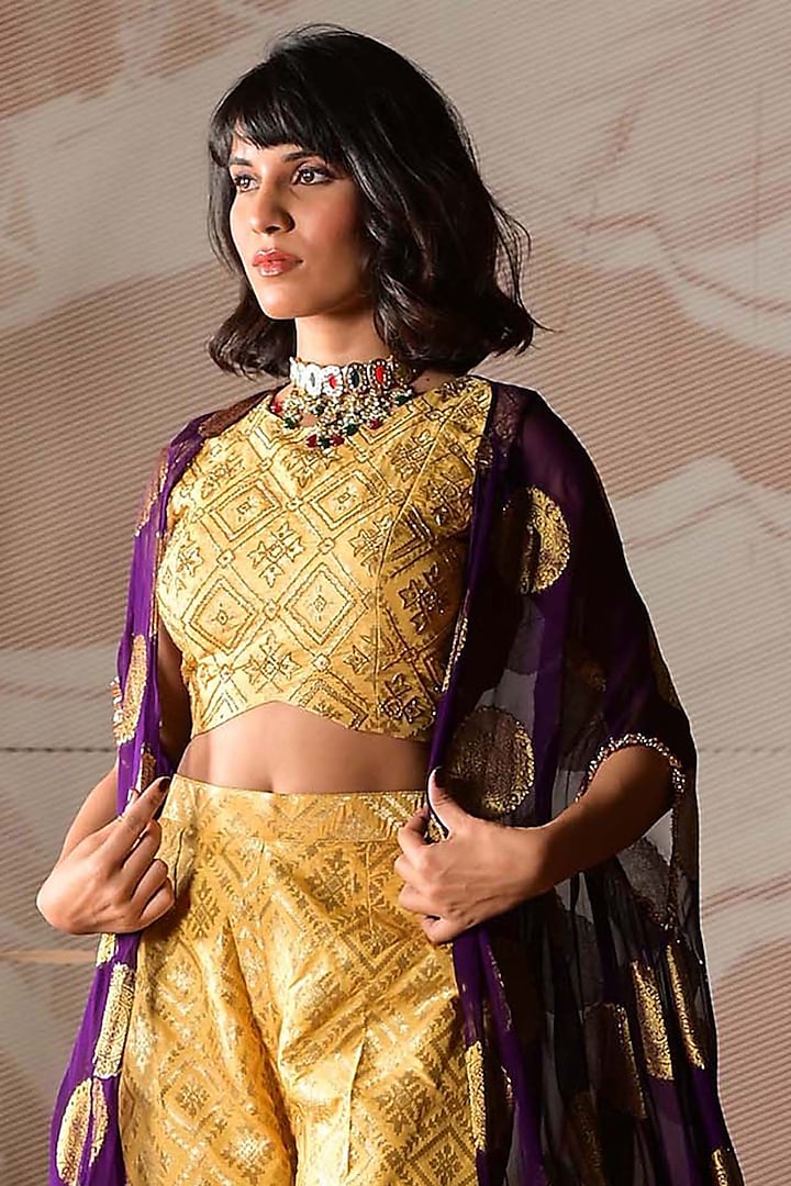 Purple & Yellow Banarasi Georgette Embroidered Kaftan Cape Set by Farha Syed at Pernia's Pop Up Shop