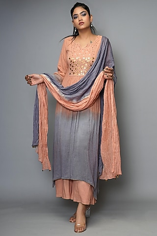 Peach & Bluish Grey Hand Embroidered Kurta Set by Farha Syed