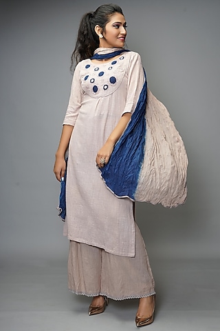 Nude Pink Hand Embroidered Kurta Set by Farha Syed