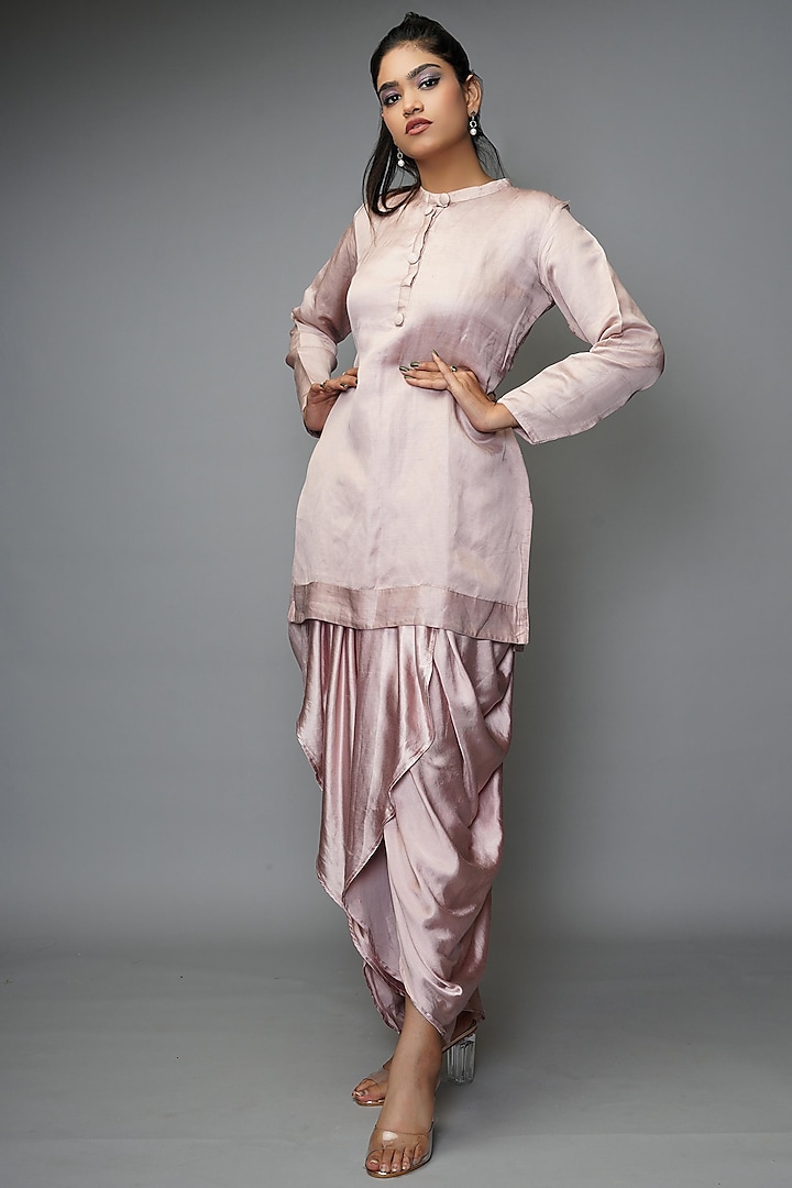 Nude Pink Silk Linen Kurta Set by Farha Syed