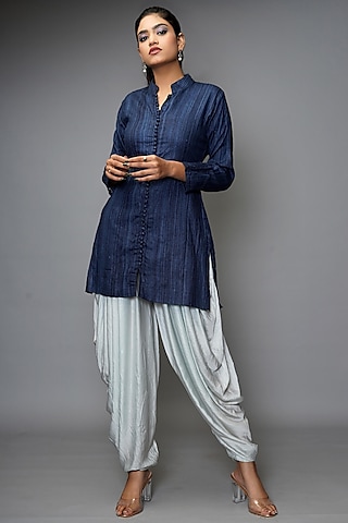 Midnight Blue Silk Linen Kurta Set by Farha Syed
