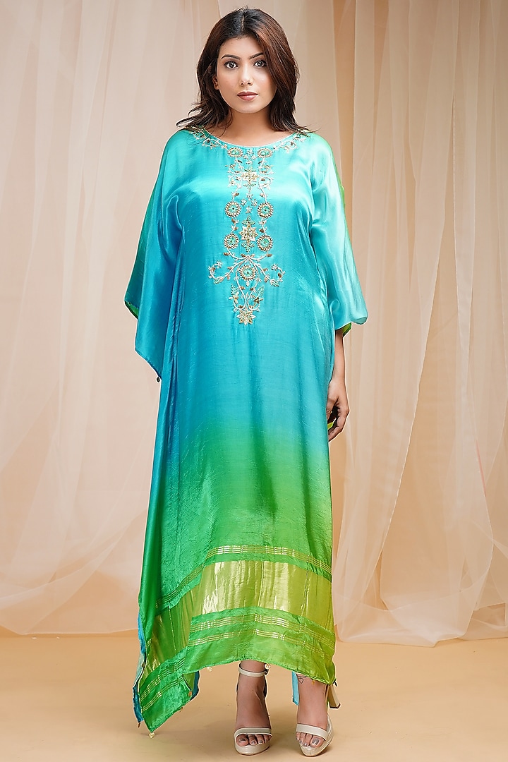 Coral Blue & Bright Green Embroidered Kaftan by Farha Syed at Pernia's Pop Up Shop