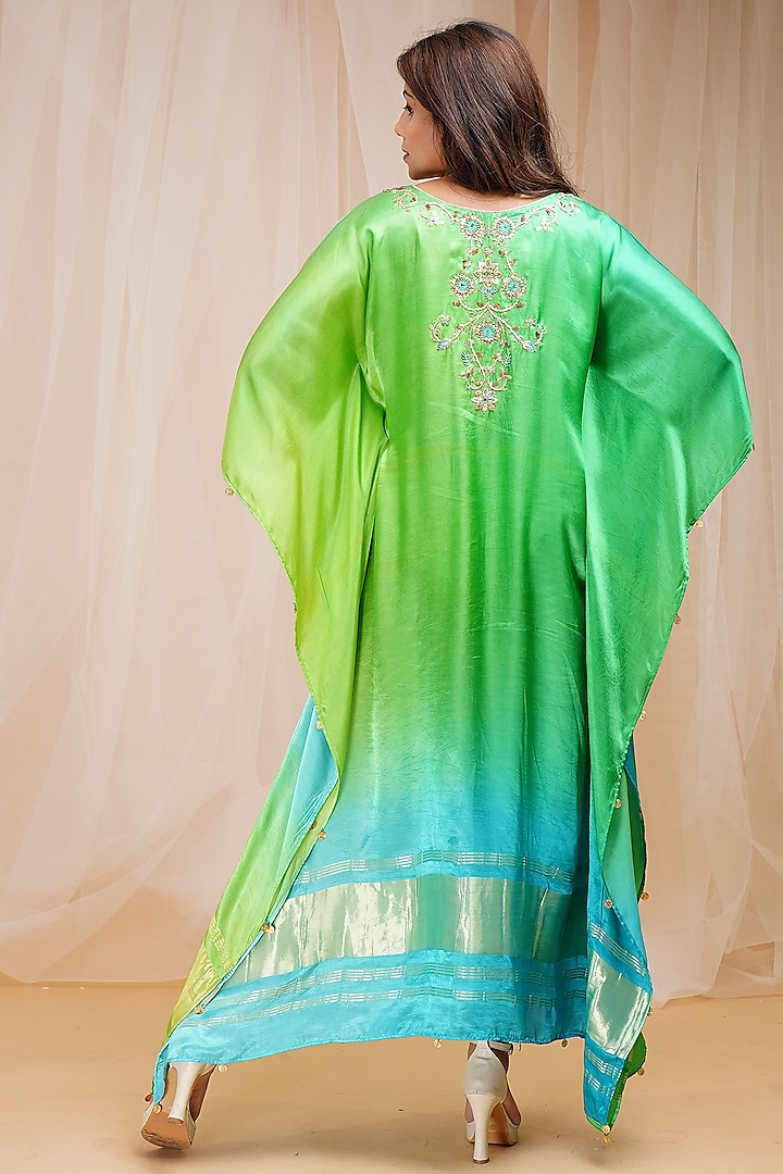 Coral Blue & Bright Green Embroidered Kaftan by Farha Syed at Pernia's Pop Up Shop