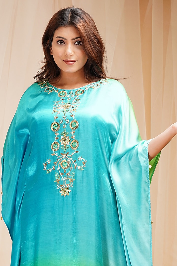 Coral Blue & Bright Green Embroidered Kaftan by Farha Syed at Pernia's Pop Up Shop