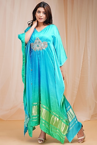 Coral Blue & Bright Green Kaftan by Farha Syed