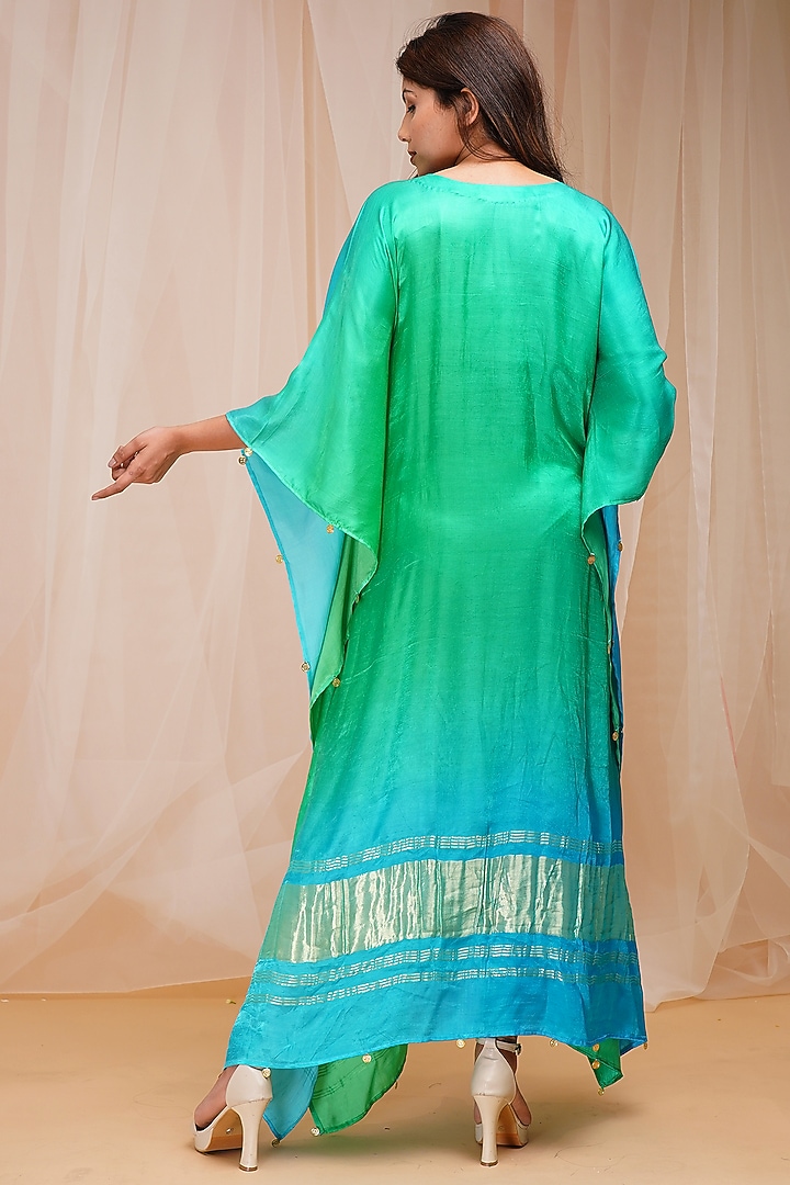 Coral Blue & Bright Green Kaftan by Farha Syed at Pernia's Pop Up Shop