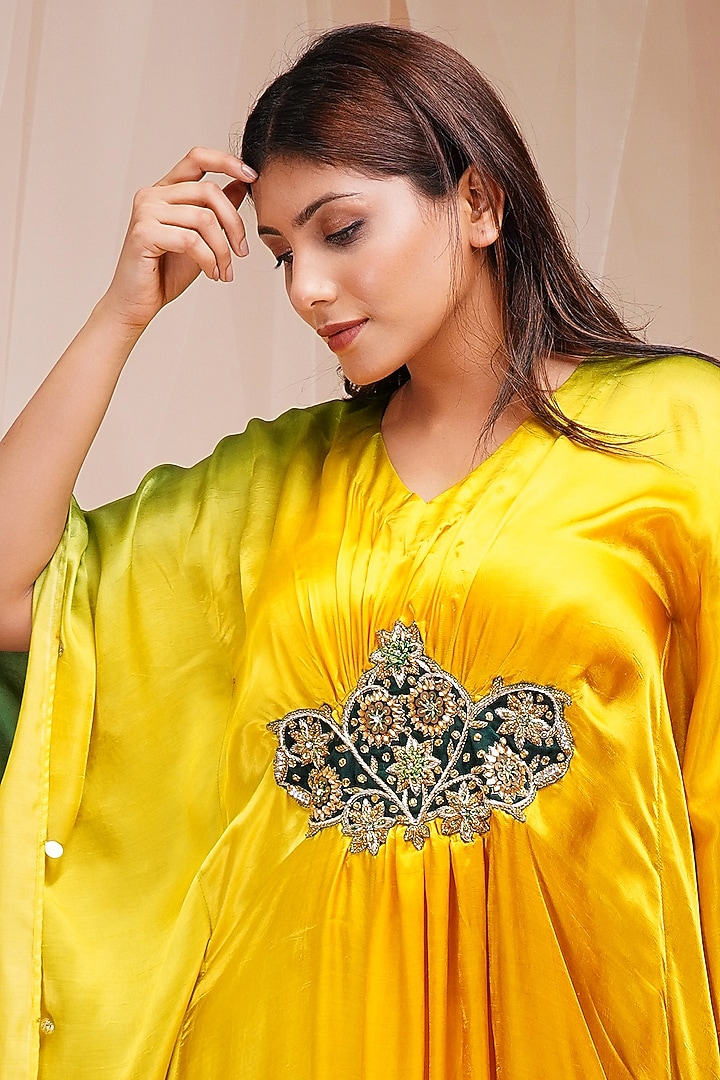 Bright Yellow & Golf Green Embroidered Kaftan by Farha Syed at Pernia's Pop Up Shop