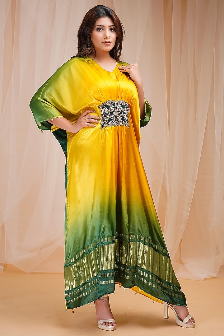 Bright Yellow & Golf Green Kaftan by Farha Syed at Pernia's Pop Up Shop