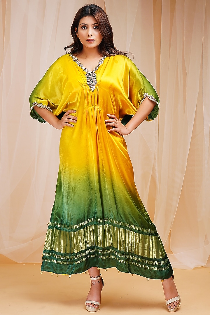Bright Yellow & Golf Green Hand Embroidered Kaftan by Farha Syed at Pernia's Pop Up Shop