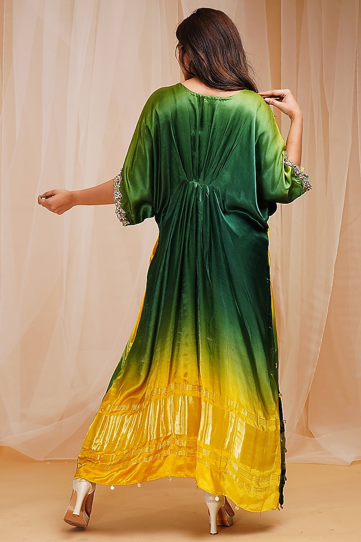 Bright Yellow & Golf Green Hand Embroidered Kaftan by Farha Syed at Pernia's Pop Up Shop